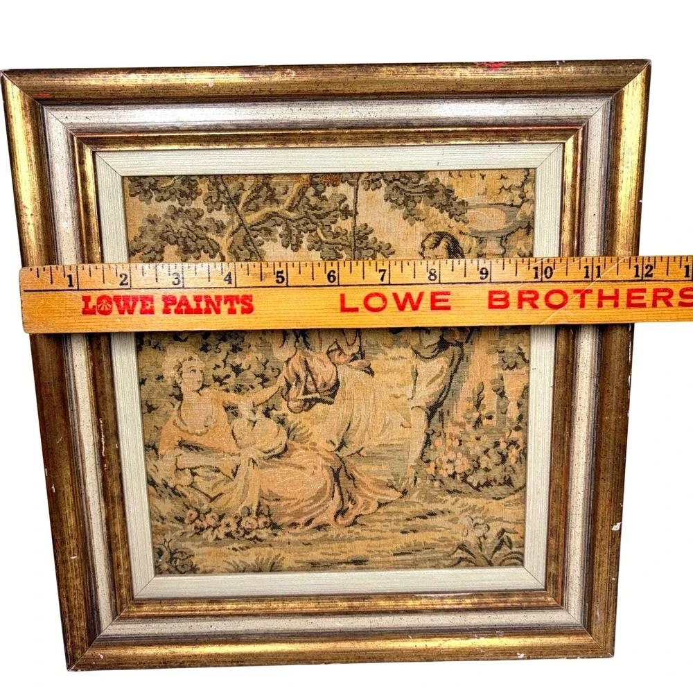Vintage French Rococo Style Framed Tapestry Wall Art Pastoral Garden Scene 12x13